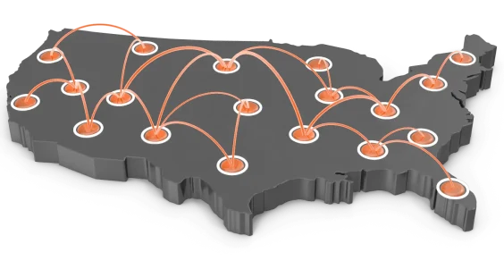 United States map displaying orange dots
